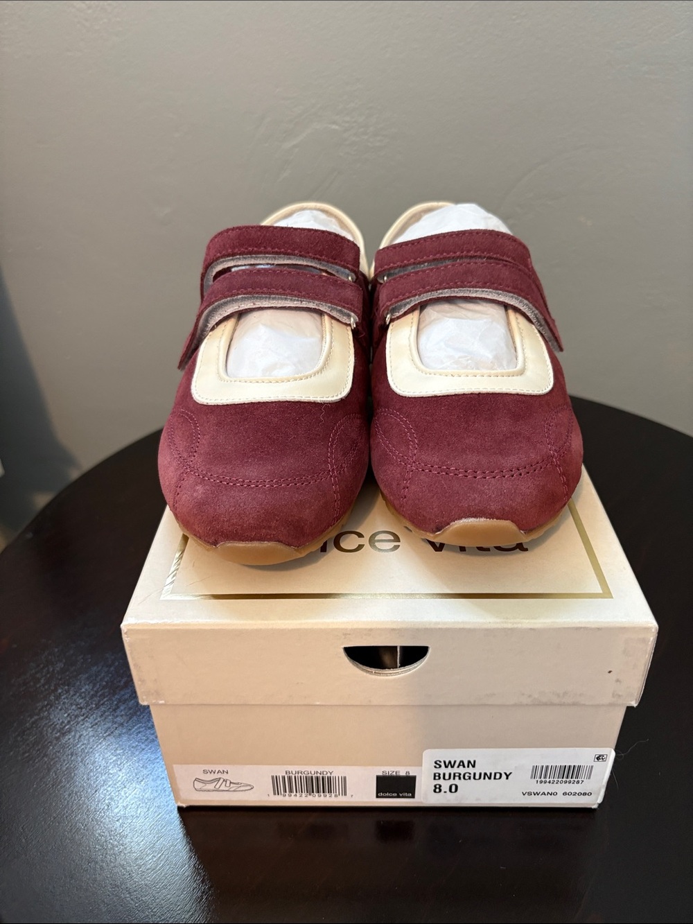 NW BOX - Dolce Vita Burgundy & Cream Suede Velcro Sneakers - Size 8 fit like 7.5